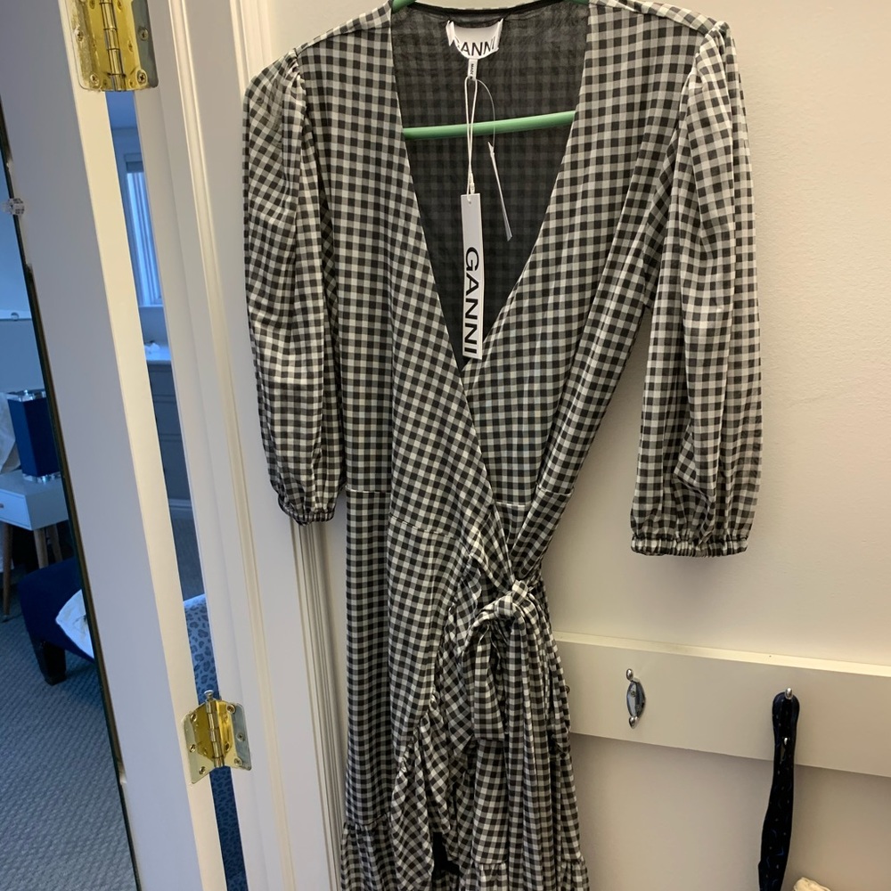 Ganni Gingham Stretch Mesh Mini Wrap Dress